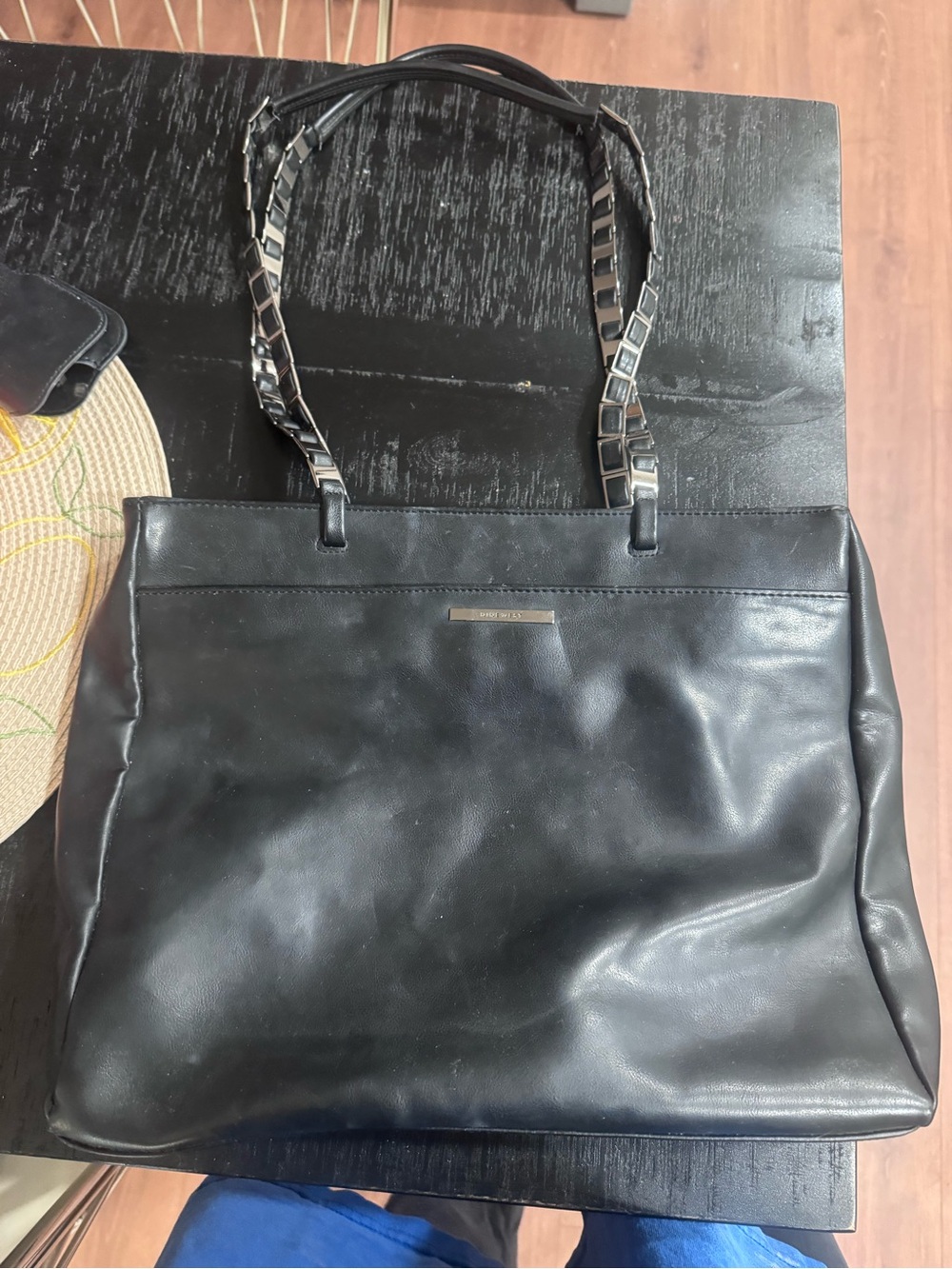 Nine West Black Leather Shoulder Bag with Chain-Trim Straps - Picture 2 of 5